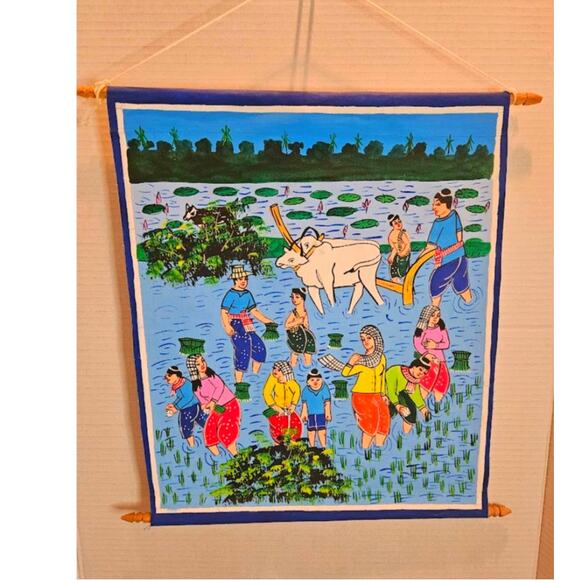 Cambodian Art Oil on Canvas Dowels Tabitha Family Savings Program & NecklaceVTG - Picture 1 of 10